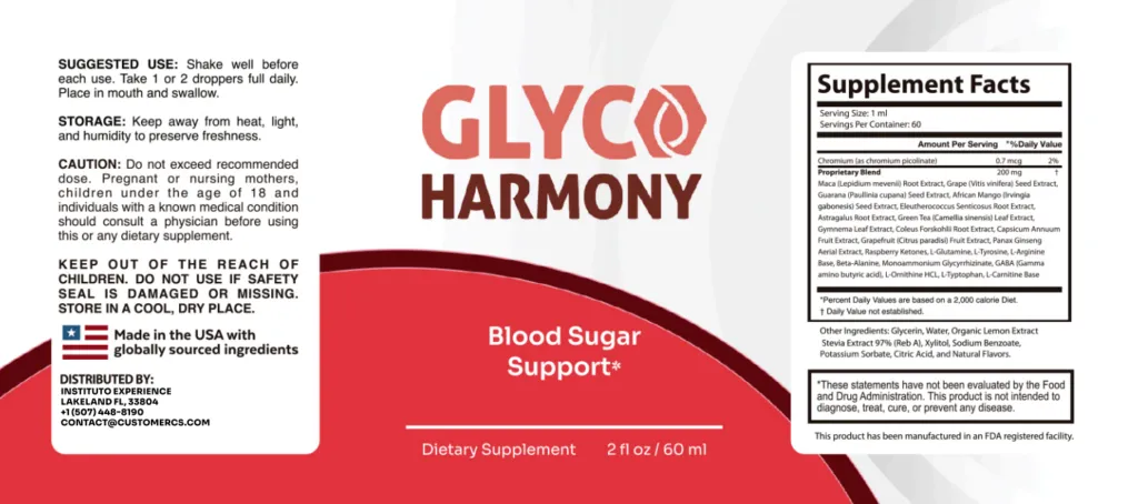 Photo of the back of the packaging displaying the supplement facts table and the natural ingredients making up the Glico Harmony formula.